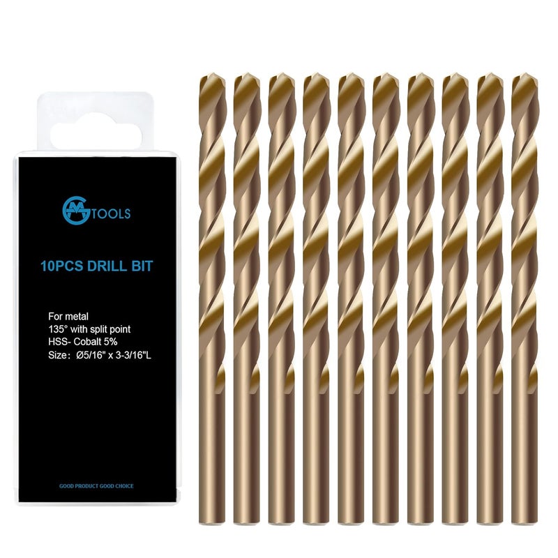 GMTOOLS 5/16 inch Cobalt Drill Bits, M35 HSS, 135 Degree Tip, Jobber Length Twist Drill Bit Set for Hard Metal, Stainless Steel, Cast Iron, Wood and Plastic, with Storage Case, Pack of 10 - Image 1